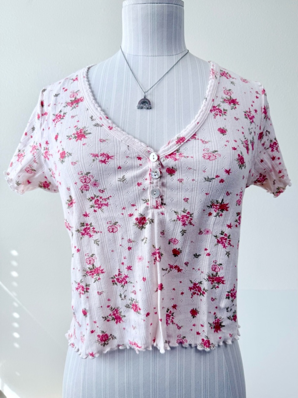 Joie ‘Darling Floral’ 100% Cotton Coquette Pointelle Top Pink White Size Small